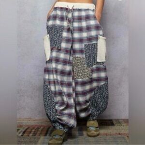 POL Multicolor Blues/Cream/Red Patchwork Crochet Accents Joggers UWP120 Med. NWT